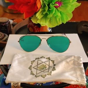 RAINBOW OPTX Green w/ Gold Frames Aviator Style Sunglasses, w/ microfiber pouch